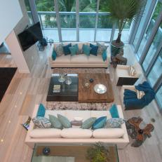 Overhead View of Living Room With Teal Accents