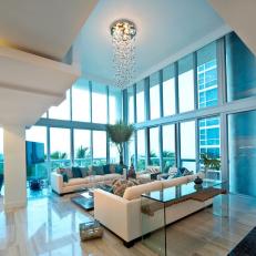 Contemporary Living Room With Rainfall Chandelier 