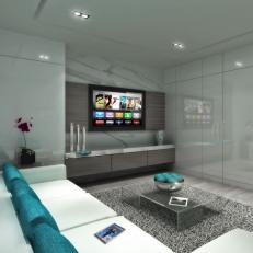 Contemporary Gray Media Room With Teal Accents