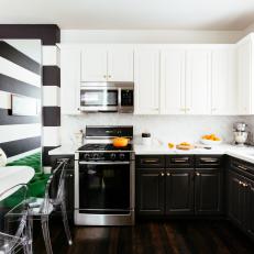 Bold Black and White Stripe Accent Wall in Contemporary Eat In Kitchen With Black and White Cabinets 