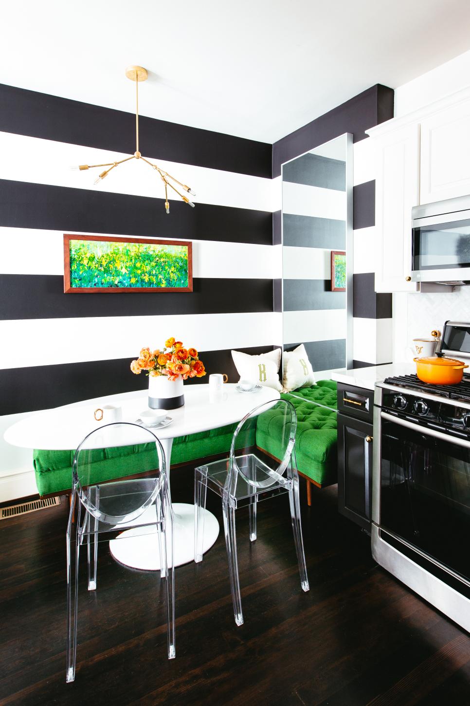 Black and White Striped Kitchen With Modern Dining Table, Tufted Green