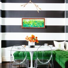 Bold Black and White Breakfast Nook With Thick Wall Stripes, Kelly Green L-Shaped Bench and Small Modern Dining Table