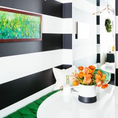 Contemporary Breakfast Corner With Black and White Striped Walls, White Modern Dining Table and Tufted Green Bench 