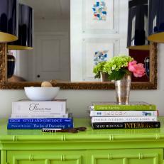 Lime Green Entry Table With Twin Black & Gold Lamps