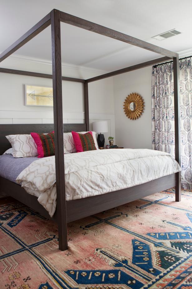Eclectic Master Bedroom With Brown Canopy Bed & Multiple Patterns