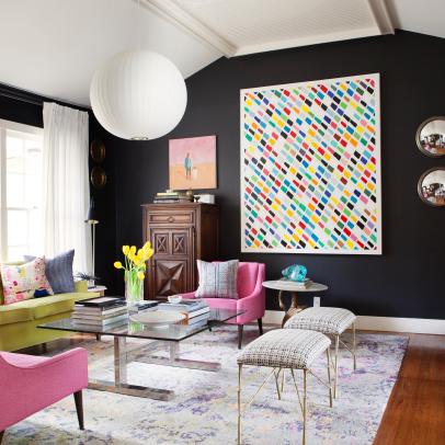 Bursts of Color in Chic, Black Living Room