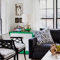 Chic Family Room With Bright Green, Black and White Accents