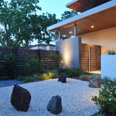 Outdoor Japanese Rock Garden in Private Contemporary Home