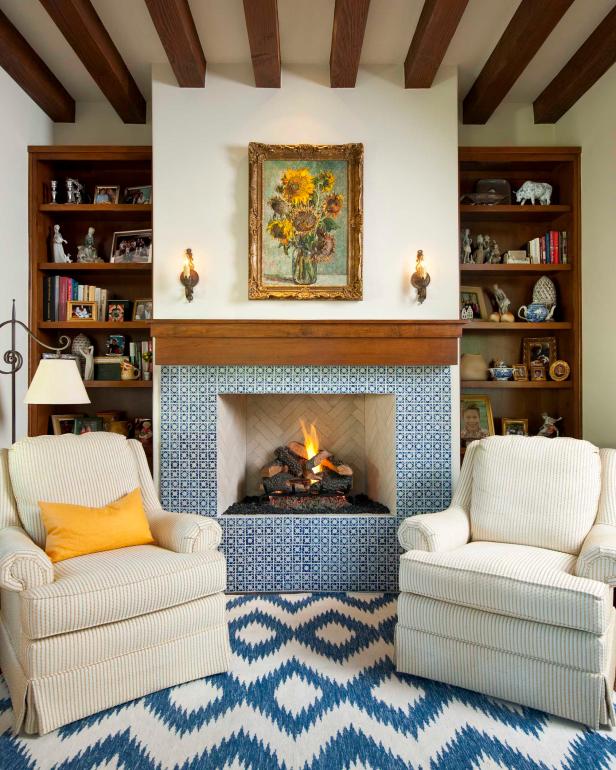 Southwestern Home Office With Tiled Fireplace