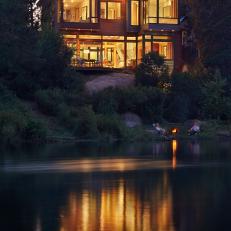 Modern River House at Night
