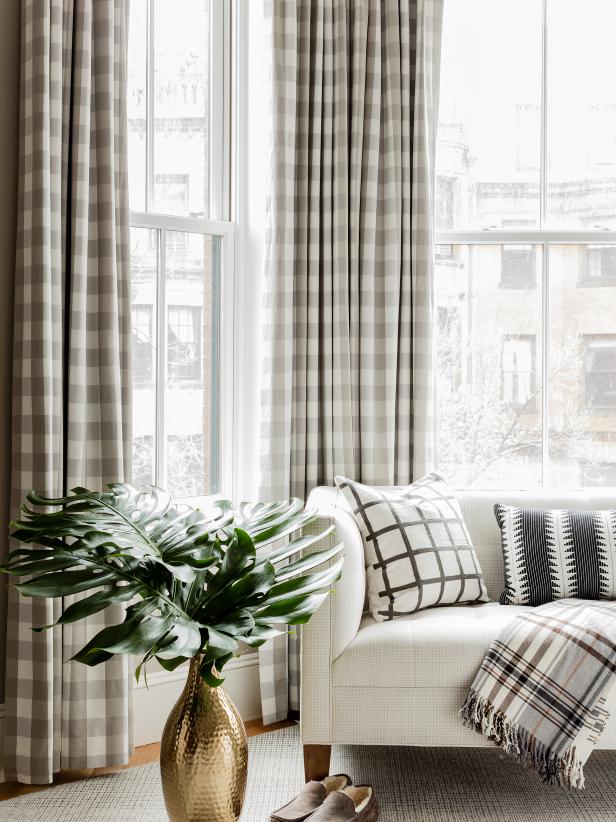 Neutral, Eclectic Living Room With Gingham Curtains
