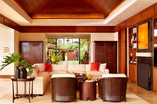 Living Room With Warm Wood Tray Ceiling Hgtv