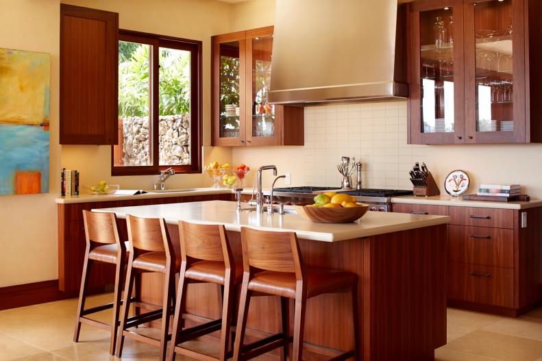 Neutral Contemporary Kitchen With Brown Cabinets, Island & Barstools