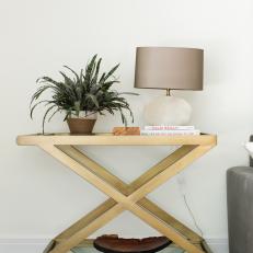 Gold End Table and White Textured Lamp Add Glamour to Midcentury Modern Living Room 