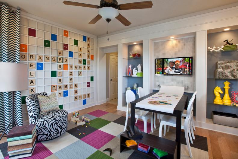 Contemporary Playroom With Craft Table, Check Rug and Scrabble Wall