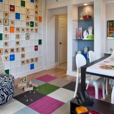Colorful Playroom With Custom Scrabble Board Accent Wall
