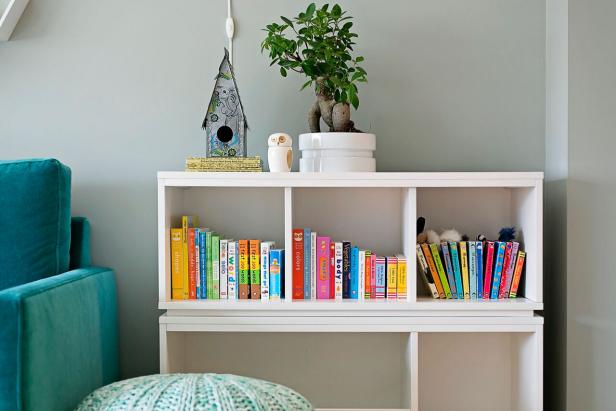 toy bin and bookshelf