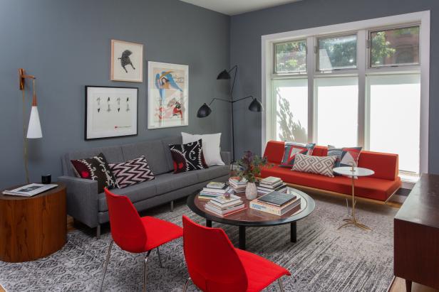 Midcentury Modern Red Sofa And Gray Sofa In Charcoal Living