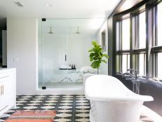 Black and White Spa Bathroom With Geometric Floor