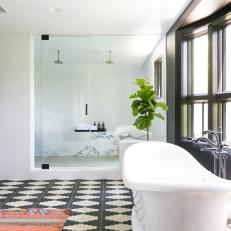 Black and White Spa Bathroom With Geometric Floor