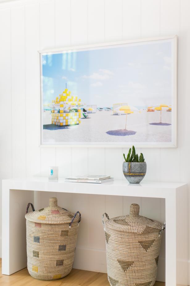 White Foyer With Large Baskets HGTV