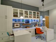Transitional Crafts Room With Built in Cabinet Storage, Moveable Table Panels and Adjustable Pendant Lights