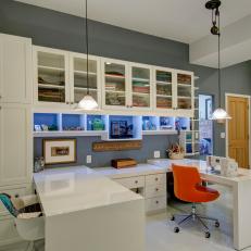Transitional Crafts Room With Built in Cabinet Storage, Moveable Table Panels and Adjustable Pendant Lights