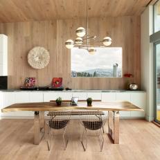 Modern Dining Room with Wood Floor, Wall, Ceiling