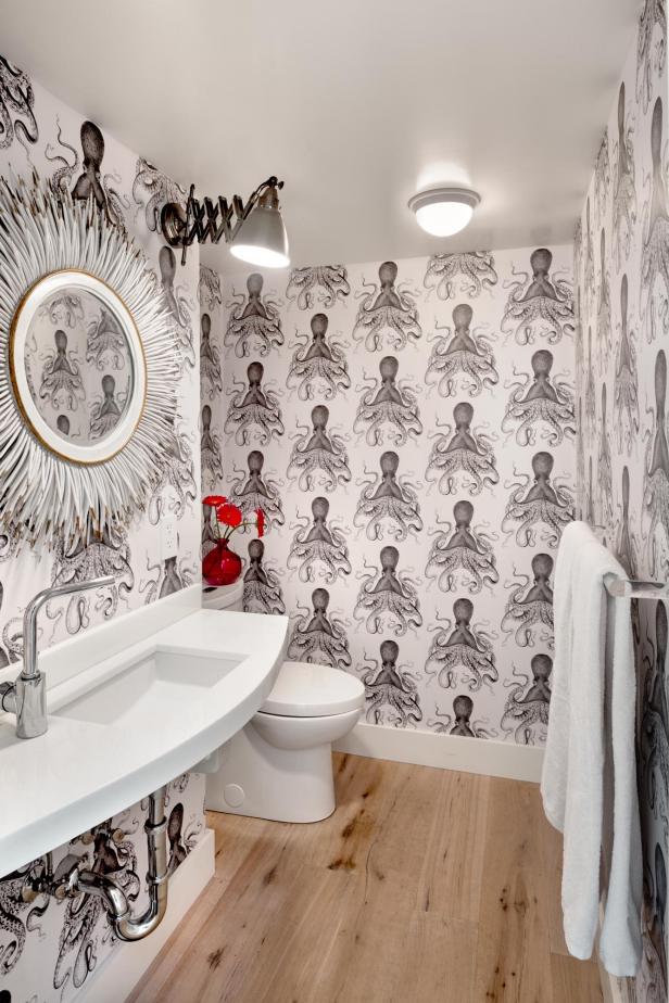 Modern Bath with Bold Octopus Wallpaper | HGTV