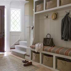 Neutral Transitional Mudroom With Striped Benches