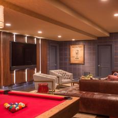 Blue and Brown Game Room With Pool Table