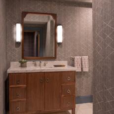 Gray Powder Room With X Wallpaper