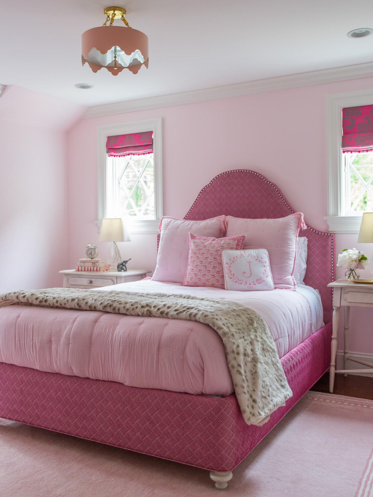 Pink Transitional Girl's Bedroom With J Pillow HGTV