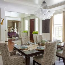 Brown Transitional Dining Room With Damask Wallpaper