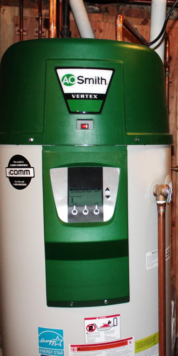 The Vertex gas-fired storage-tank water heater from AO Smith sends exhaust gases through a tank heat exchanger to extract more heat and increase thermal efficiency to an impressive 98%.