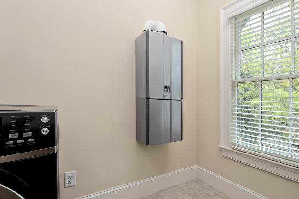 This tankless Rinnai Ultra gas water heater features a space-saving design and a dedicated return line that can recirculate hot water for additional savings. 