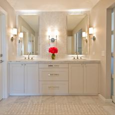 Double Vanity With Marble Countertop in Master Bathroom