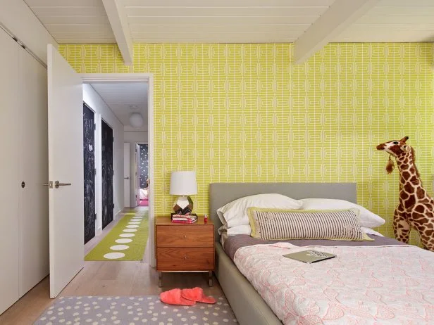 Contemporary Kids Bedroom With Chartreuse Wallpaper