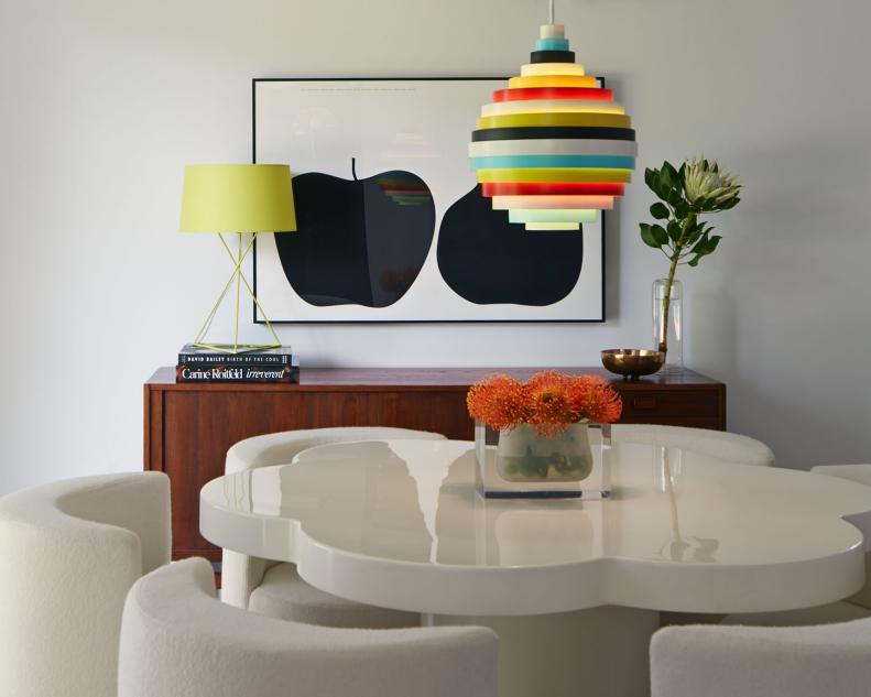 White Modern Dining Room With Multicolor Light & Flower Shaped Table