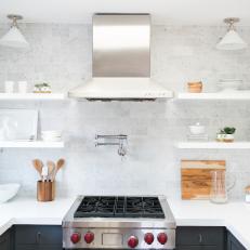 Kitchen With Soft Gray Subway Tile Backsplash & Floating Shelves