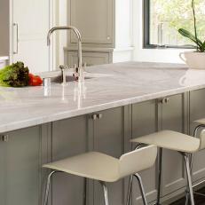 White Marble Kitchen Island and Barstools