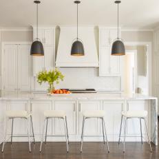 White Transitional Kitchen With White Barstools