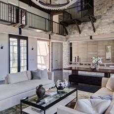 Neutral Rustic Contemporary Living Room With High Ceiling