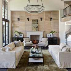 Neutral Transitional Living Room With French Doors