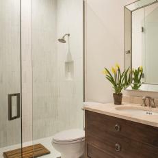 Transitional Bathroom With White Tiles and Glass Enclosed Shower