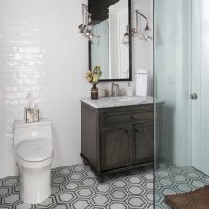 Transitional Gray and White Bathroom With Hexagon Floor Tiles