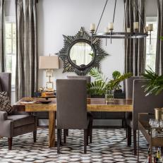 Transitional Dining Room With Gray Upholstered Seating 