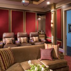 Traditional Home Theater With Red Acoustical Wall Panels