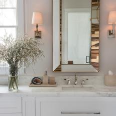 Transitional Bathroom With White Vanity and Mont Blanc Marble Countertop