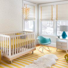 Midcentury Modern Nursery With Yellow Striped Rug, Eames Chair